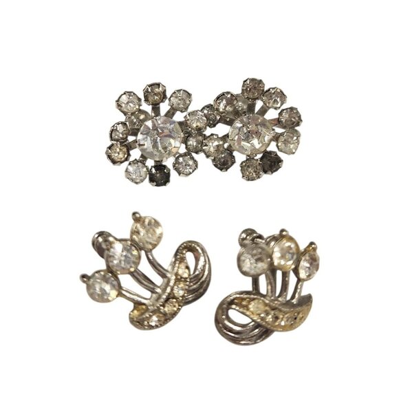 Vintage Rhinestone Necklace & 2 Pairs Of Clip-On Earrings Jewelry Set Silver-Ton - Picture 2 of 7